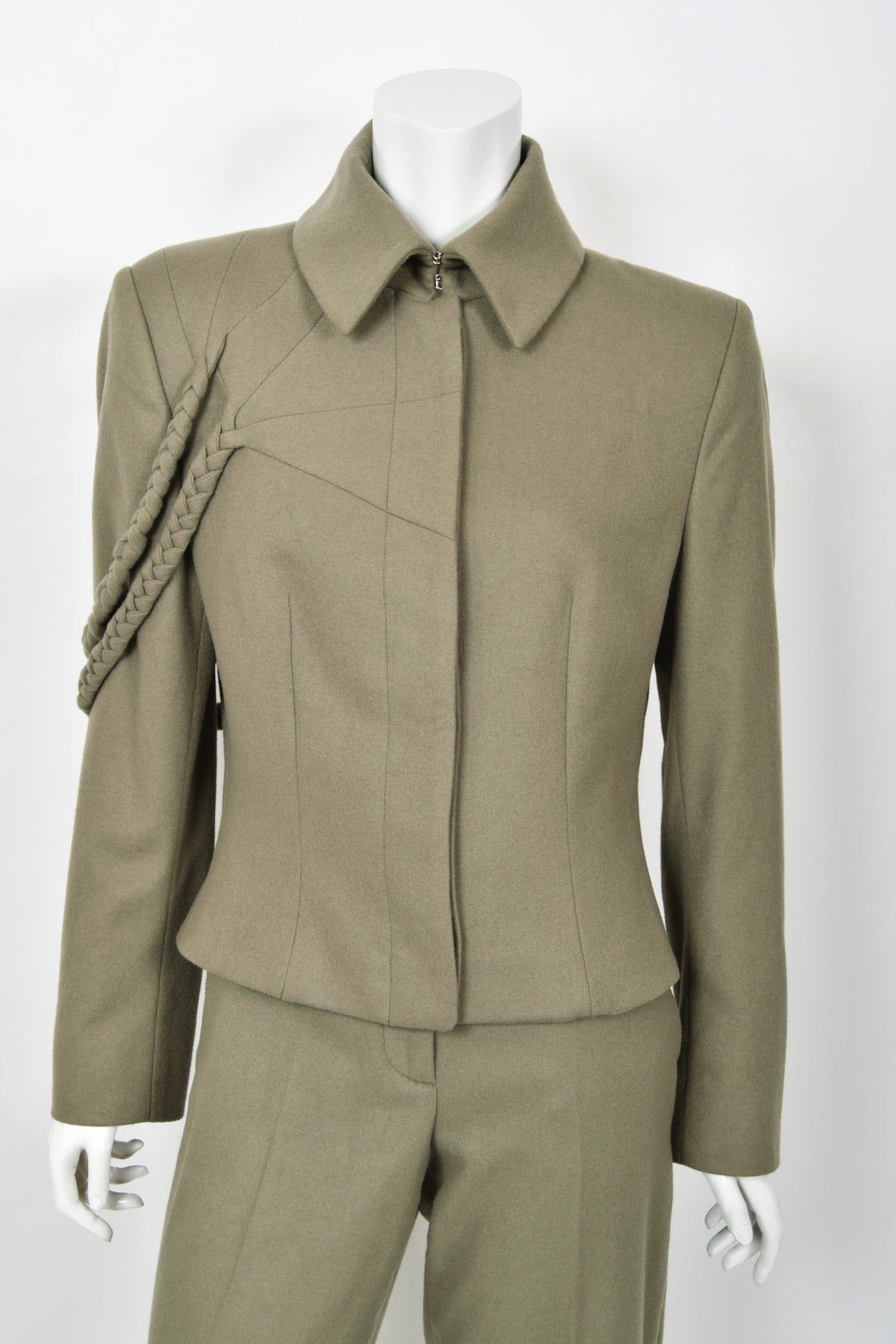 2001 Alexander McQueen Documented Runway Moss-Green Wool Braided Jacket Pantsuit