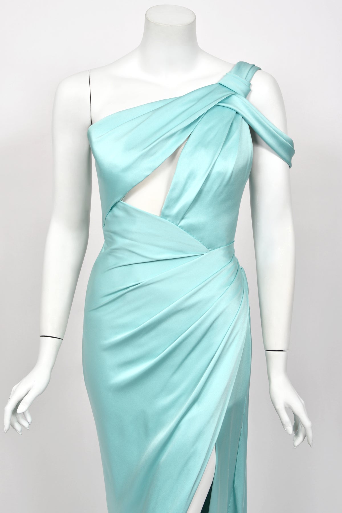 2017 Ralph & Russo Haute Couture Runway Aqua Blue Satin Cut-Out Draped High Slit Gown