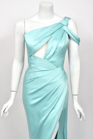 2017 Ralph & Russo Haute Couture Runway Aqua Blue Satin Cut-Out Draped High Slit Gown