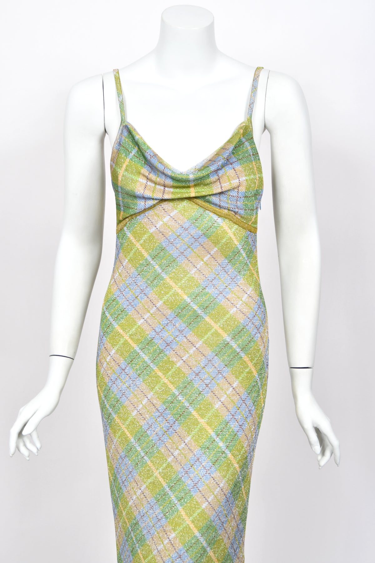 2000 John Galliano Metallic Plaid Lurex Knit Bias-Cut Maxi Dress w/ Matching Cardigan