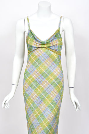 2000 John Galliano Metallic Plaid Lurex Knit Bias-Cut Maxi Dress w/ Matching Cardigan