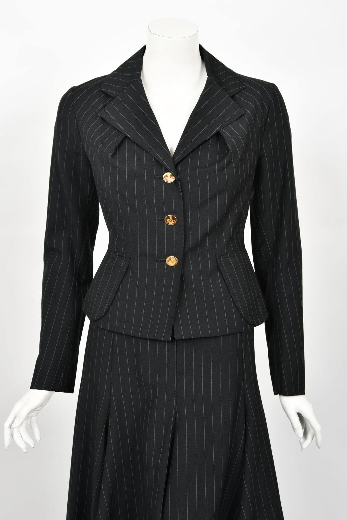 1994 Vivienne Westwood Pinstripe Wool Jacket &amp; High-Low Trained Skirt Ensemble