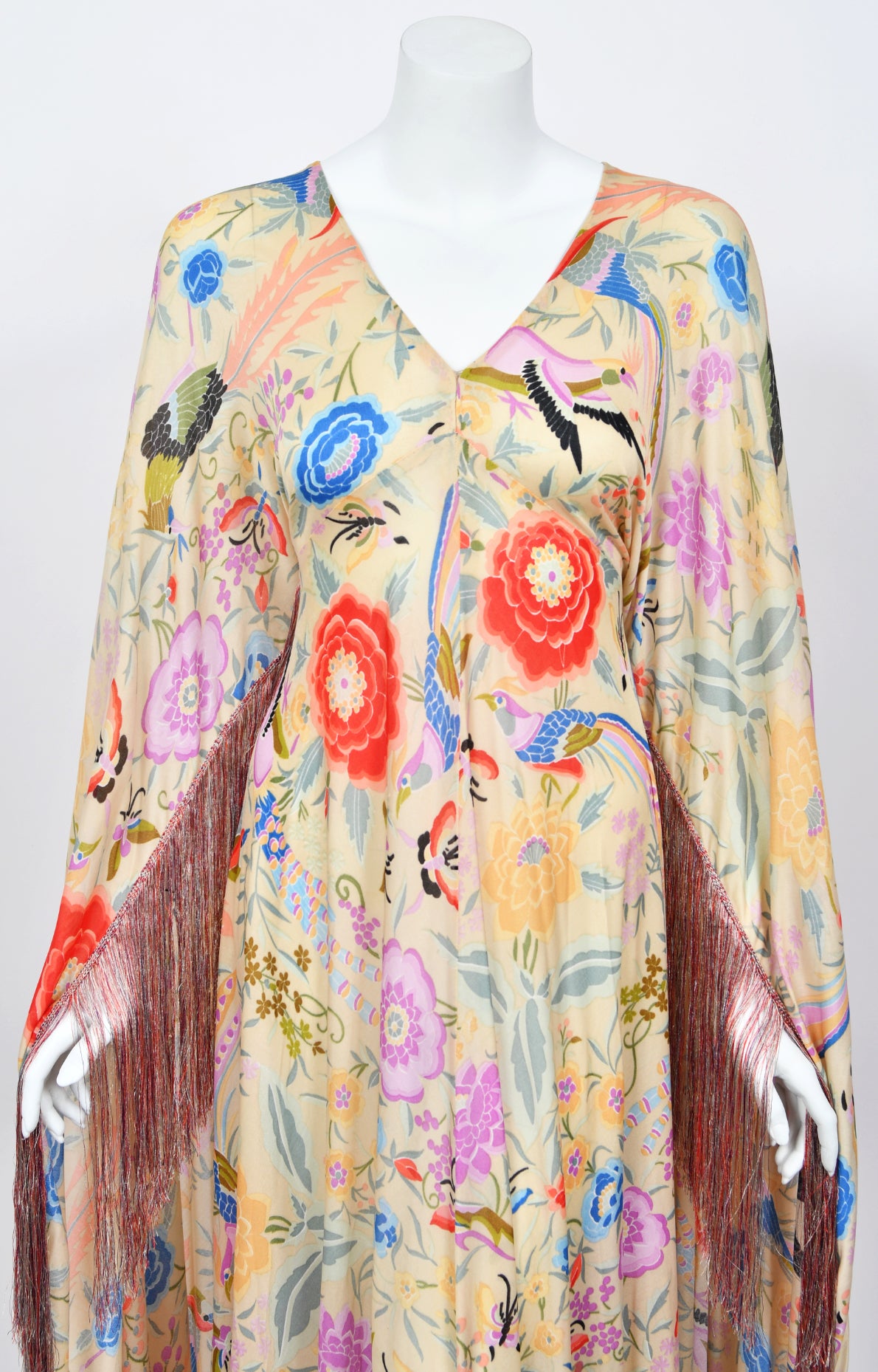 1971 Missoni Couture Colorful Floral Bird Print Silk-Jersey Caftan Gown