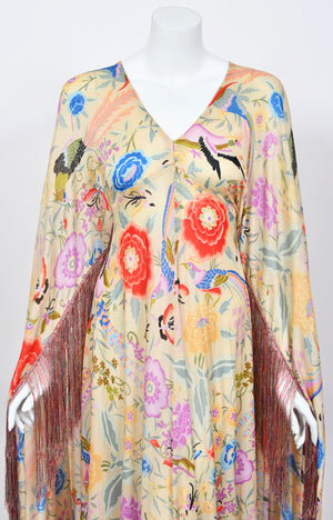 1971 Missoni Couture Colorful Floral Bird Print Silk-Jersey Caftan Gown