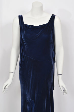 1930 Molyneux Haute Couture Documented Sapphire Blue Silk Velvet Bias-Cut Gown