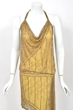 1992 Bob Mackie Runway Metallic Gold Fully-Beaded Halter High Slit 'Flapper' Dress