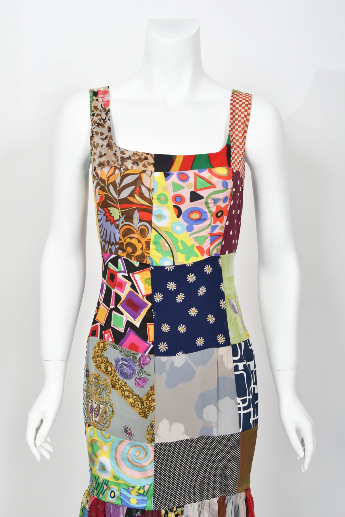1993 Dolce &amp; Gabbana Documented Colorful Patchwork Silk Hourglass Flounce Gown