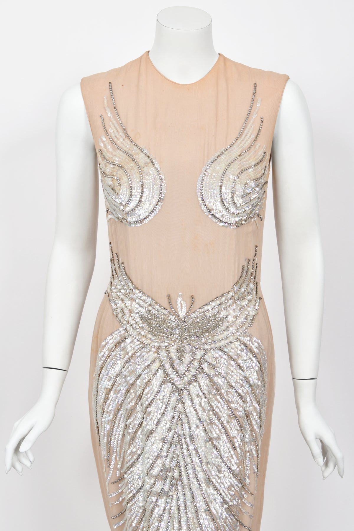 1962 Mr. Blackwell Custom Couture Rhinestone Sequin Wings Nude-Illusion Gown