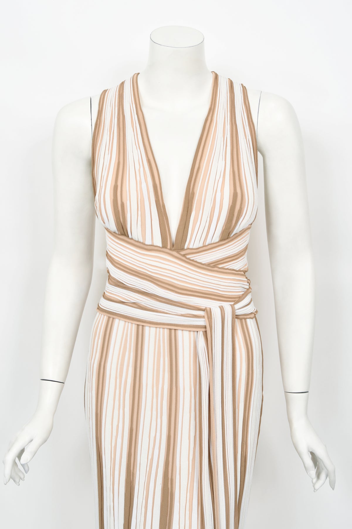 2002 Christian Dior by John Galliano Striped Stretch Knit Low-Plunge Gown