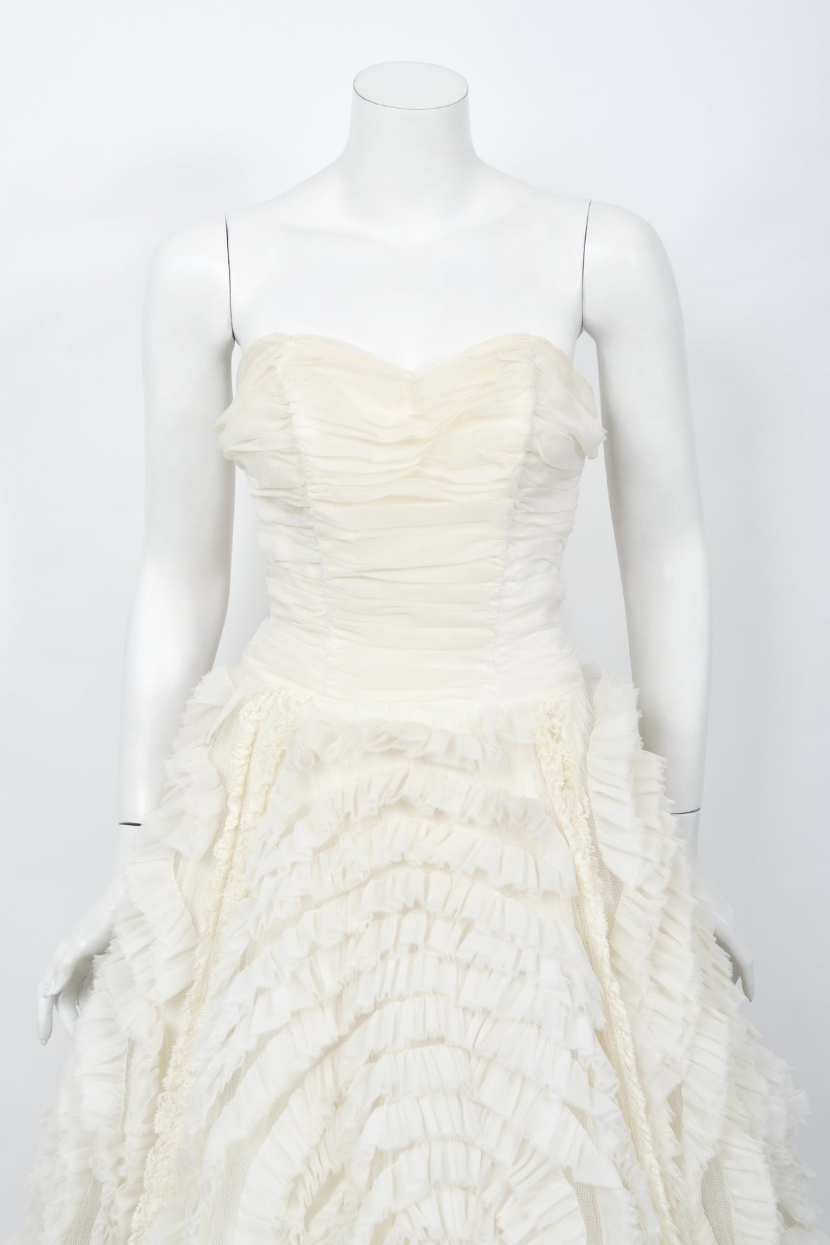 1950's Ivory Chiffon Strapless Tiered Ruffle Full-Length 'New Look' Bridal Gown