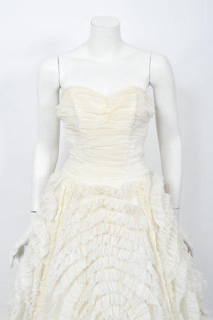 1950's Ivory Chiffon Strapless Tiered Ruffle Full-Length 'New Look' Bridal Gown