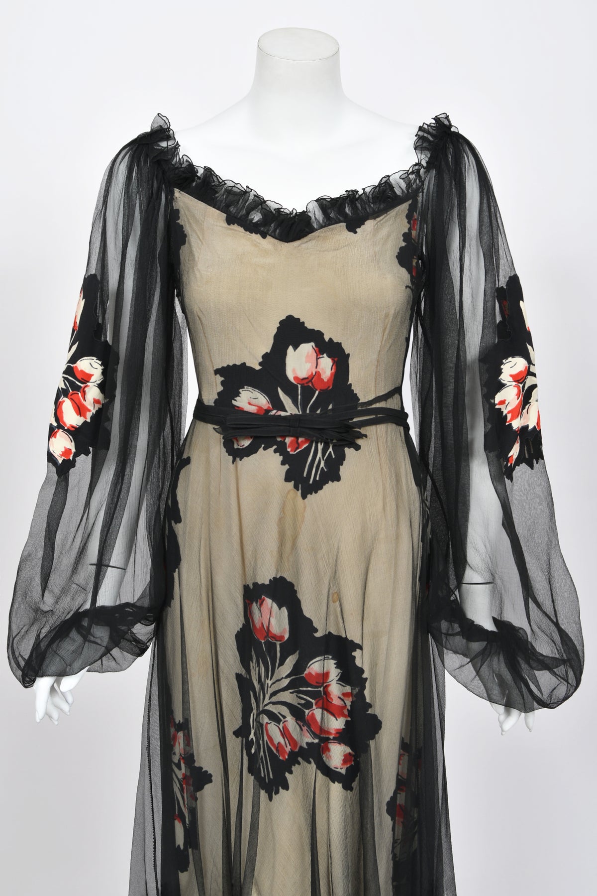1936 Ginger Rodgers for Lettie Lee ‘Old Hollywood’ Floral Silk Appliqué Billow Sleeve Dress