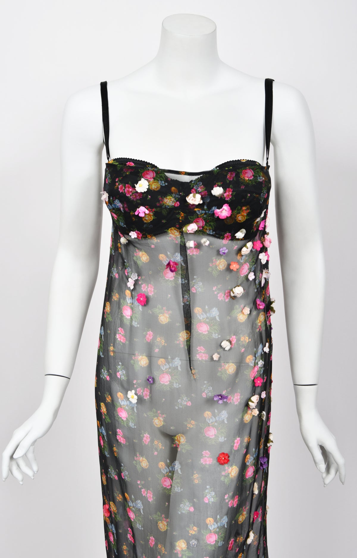 1999 Dolce &amp; Gabbana Sheer Appliqué Floral Silk Built-In Bra Slip Dress