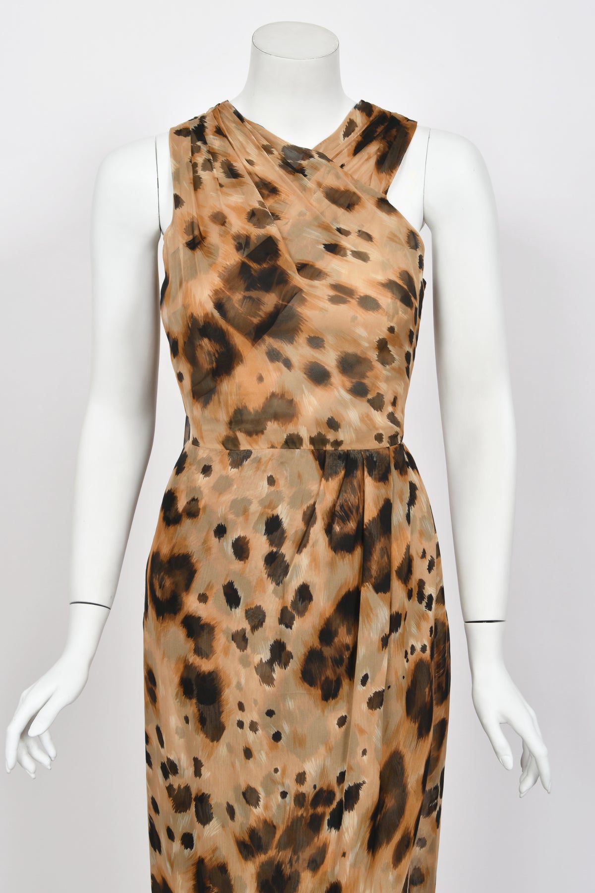 1996 Valentino Runway Editorial Leopard Print Sheer Silk Draped-Sash Gown