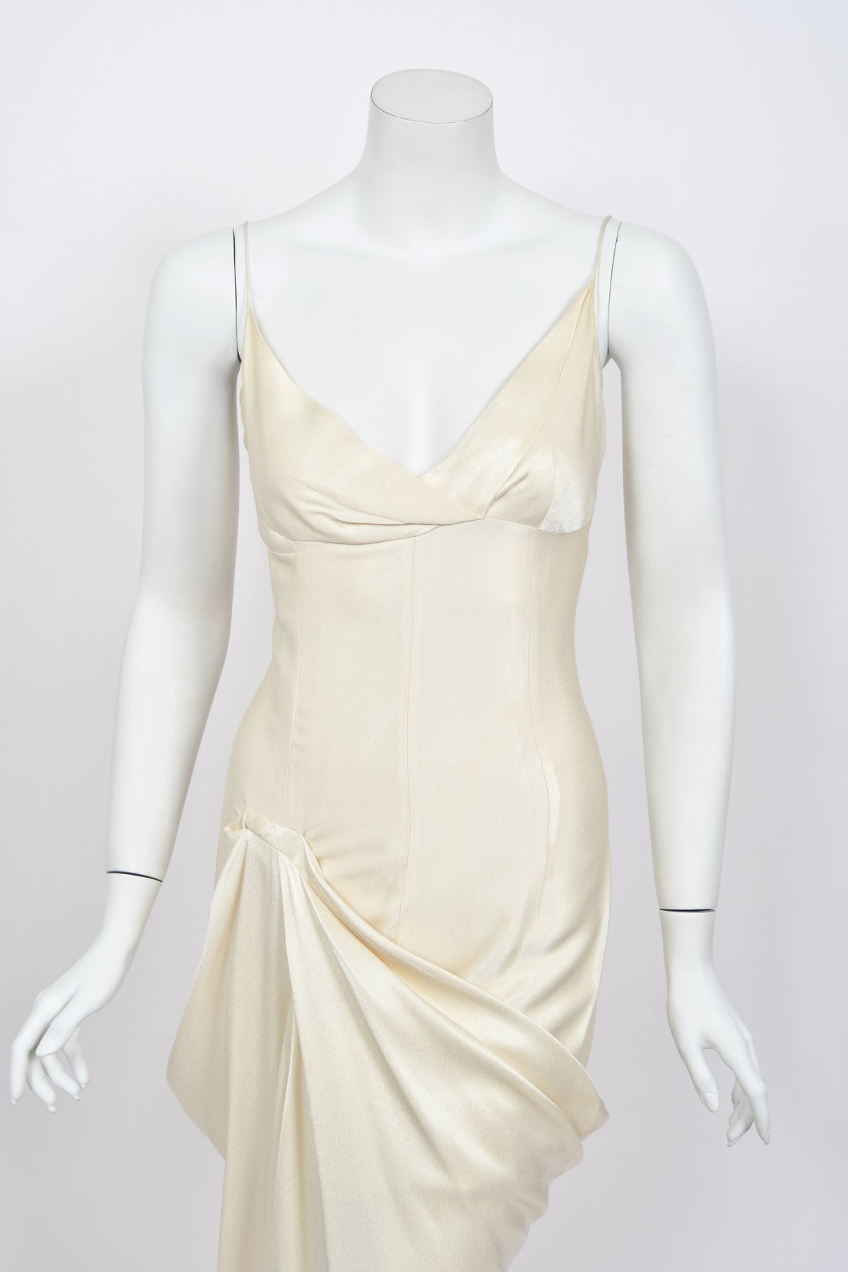 1999 John Galliano Ivory Satin Asymmetric Drape Hourglass Optional Trained Gown