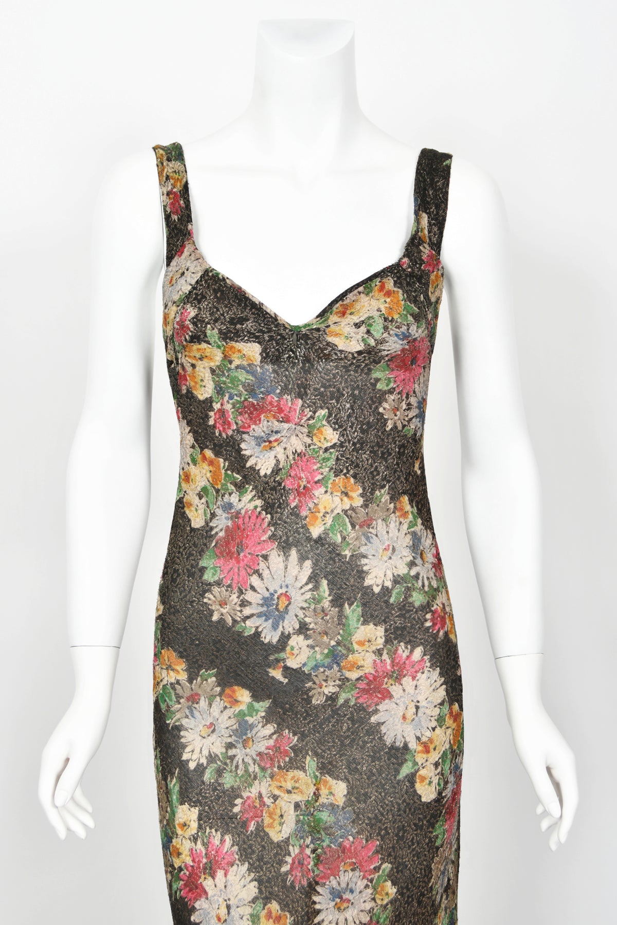 1930&#39;s Colorful Metallic Floral Motif Lamé Cut Out Back Hourglass Bias-Cut Gown