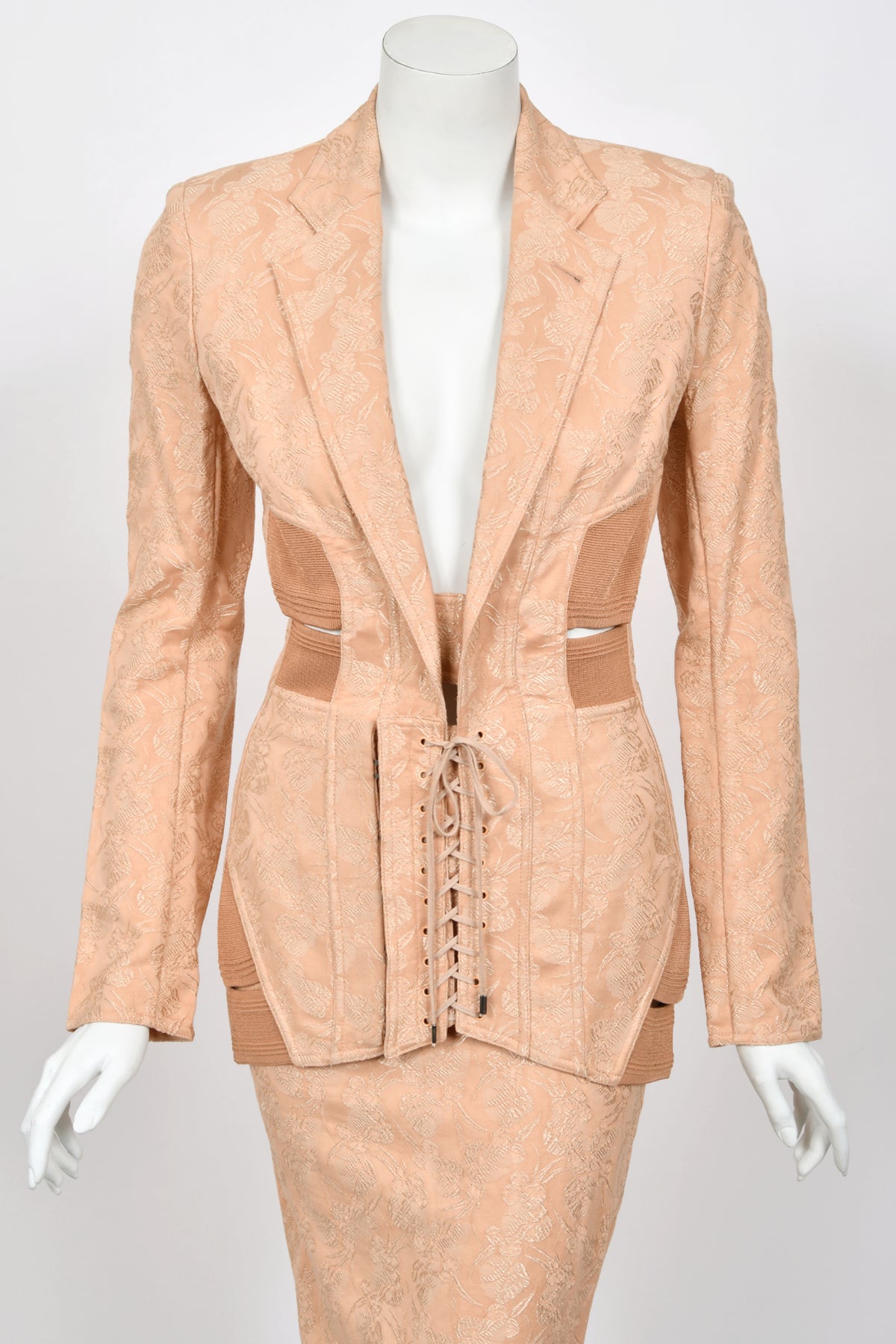 2004 Jean Paul Gaultier Runway Embroidered Blush Pink Corset Jacket & Matching Skirt