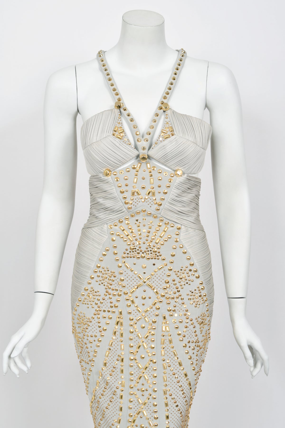 2012 Versace Runway Gold Studded Pale Dove Gray Silk Jersey Hourglass Gown