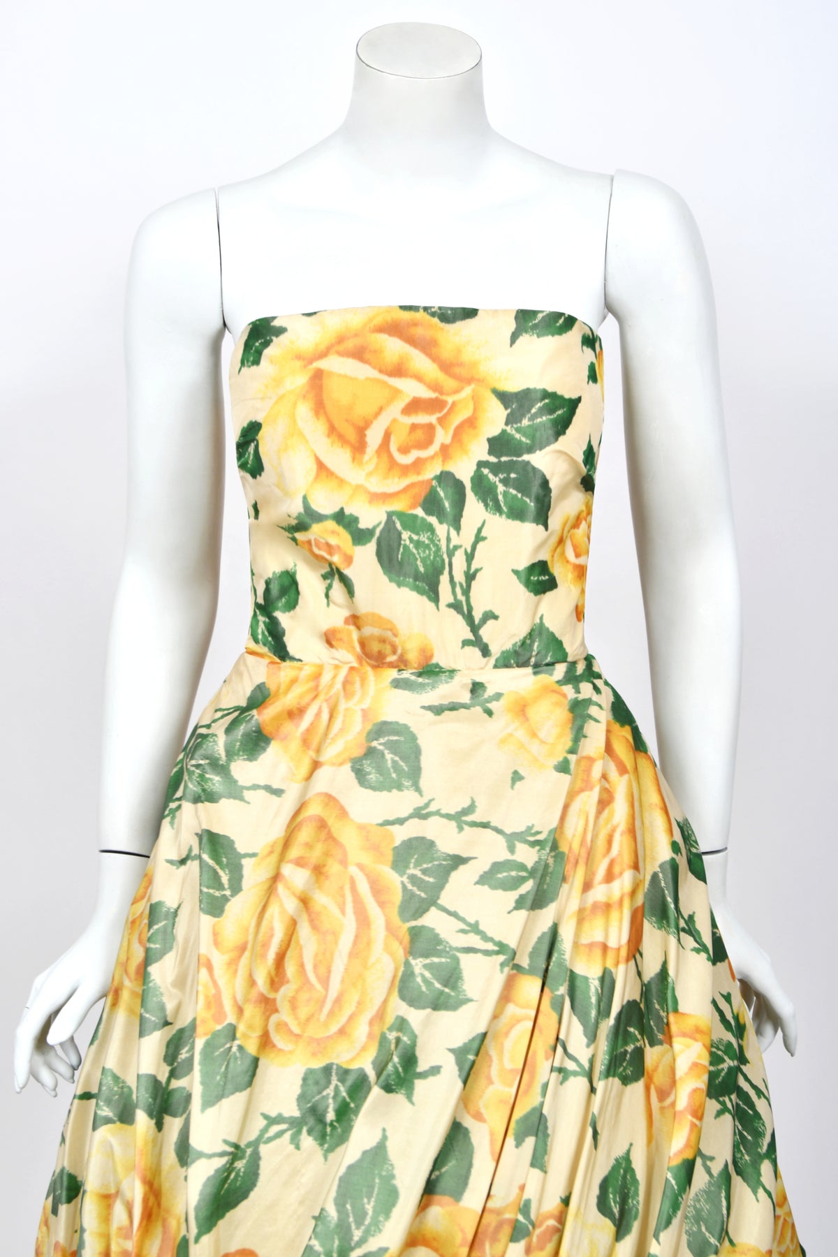 1950's Philip Hulitar Couture Yellow Roses Watercolor Silk Strapless Sculpted Party Dress