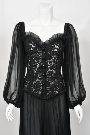 1988 Yves Saint Laurent Documented Black Sheer Silk & Boned Lace Bustier Dress