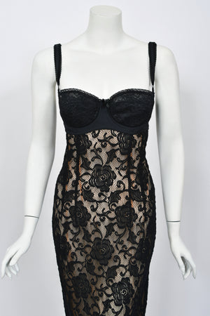 1997 Dolce & Gabbana Sheer Black Stretch Lace Built-In Bra Hourglass Slip Gown