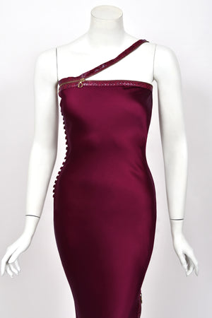 2001 Christian Dior by John Galliano Wine-Red Silk Snakeskin Zippers High Slit Bias-Cut Gown