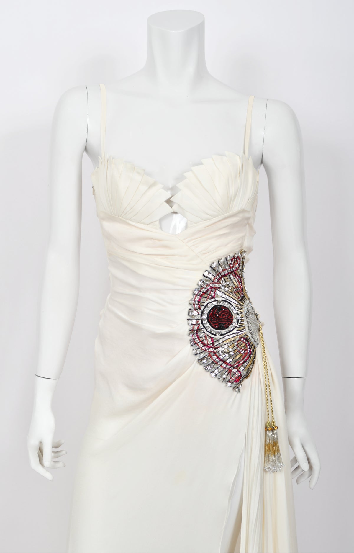 2006 Roberto Cavalli Embellished Ivory Silk Sculptural High-Slit Finale Gown
