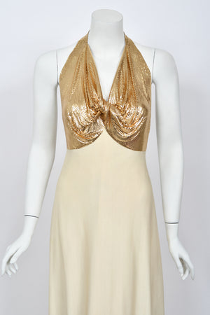 1972 Loris Azzaro Couture Ivory Silk-Jersey & Gold Metal Mesh Backless Gown w/ Cape