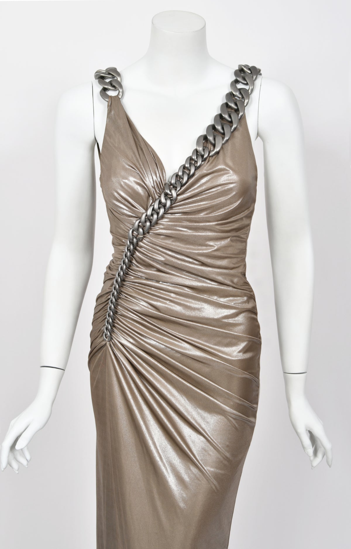 2007 Versace Smokey Metallic Stretch Silk Chain Straps Hourglass Gown