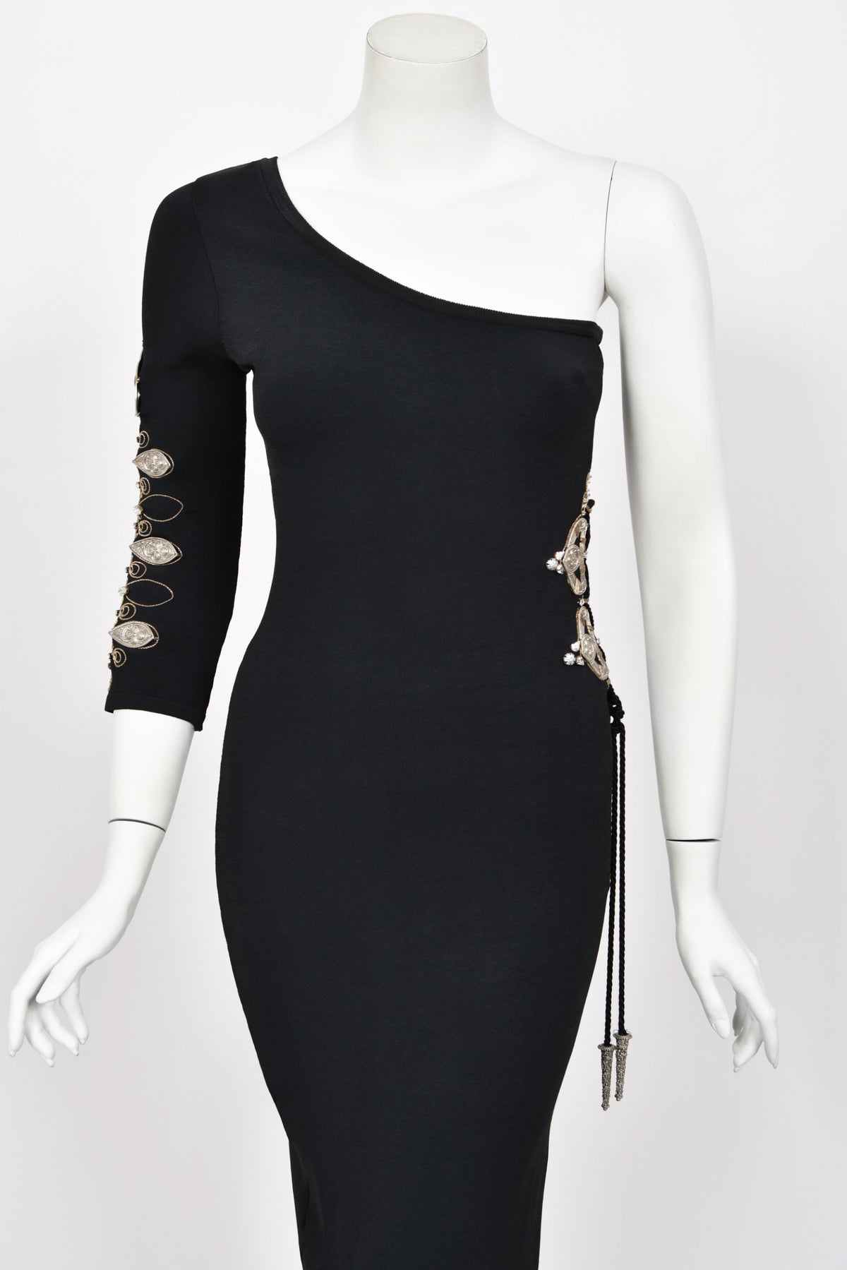 1994 Christian Dior Runway Metallic Embroidered Black Stretch Silk One-Sleeve Hourglass Dress