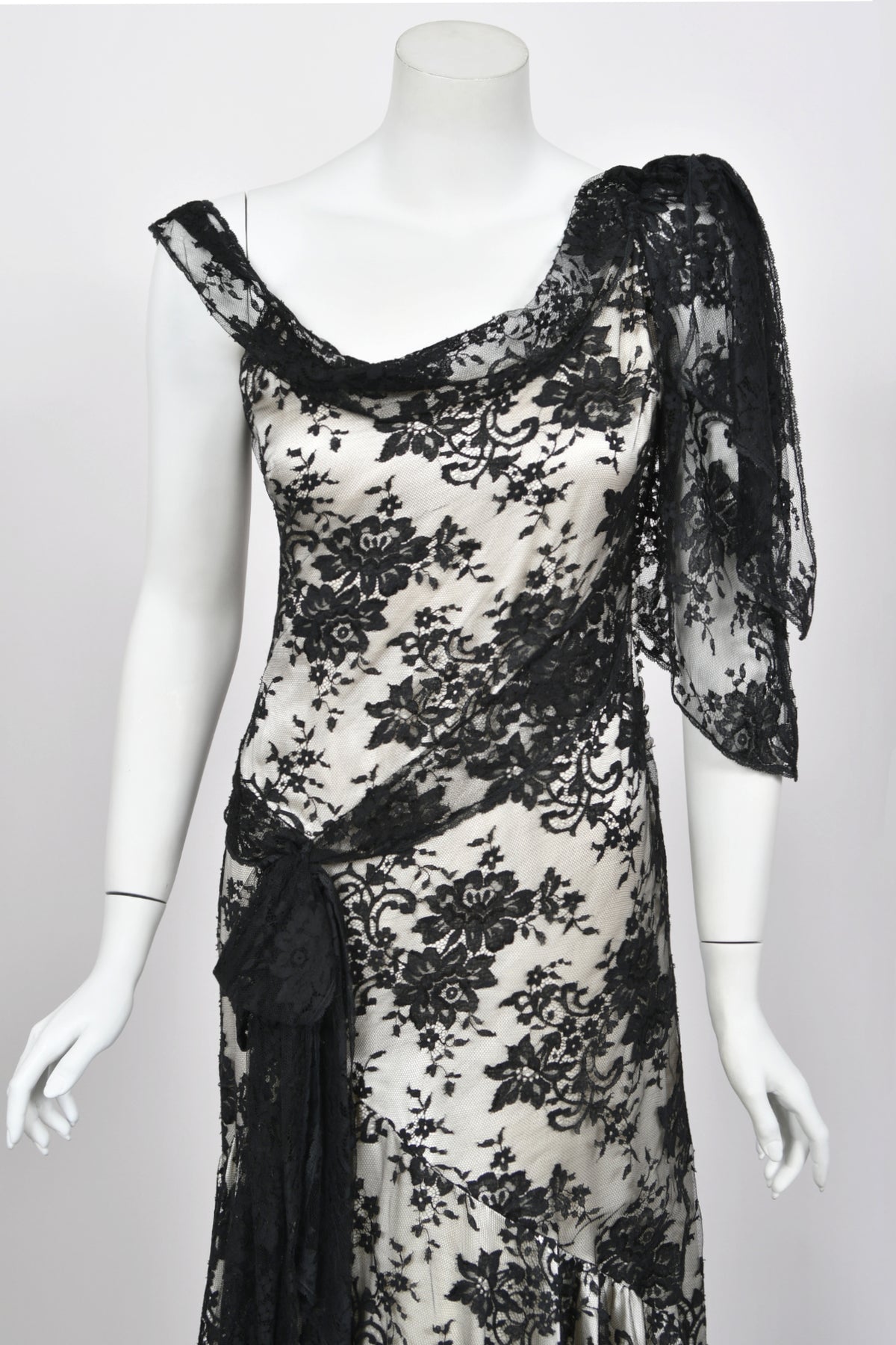 2005 Christian Dior by John Galliano Black Lace &amp; Ivory Silk Trained Bias-Cut Gown