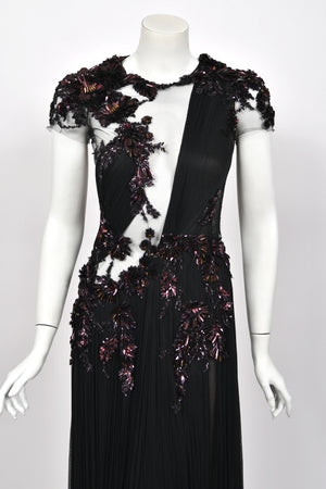 2012 Gucci Runway Editorial Heavily Embellished Sequin Sheer Black Pleated Tulle Gown