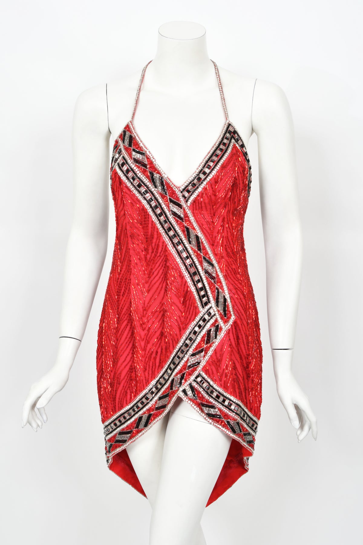 1984 Bob Mackie Documented Fully Beaded Red Silk High Low Micro-Mini Dress