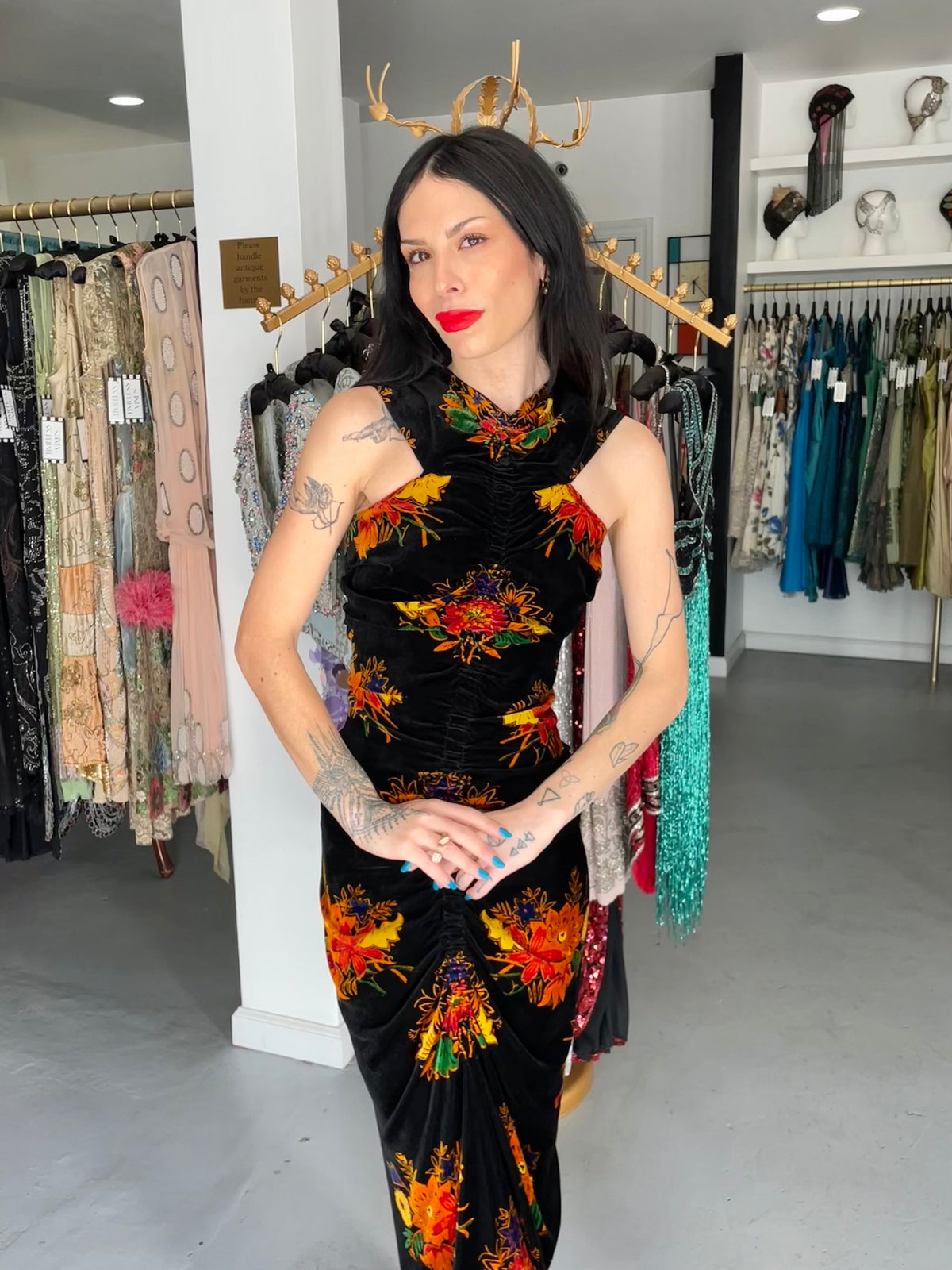 1930&#39;s Lewis Aronson Couture Floral Ruched Silk Velvet Bias-Cut Gown