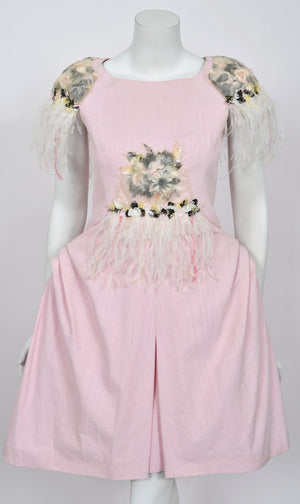 2013 Chanel by Karl Lagerfeld Runway Sample Pink Linen Floral Appliqué & Feathers Dress