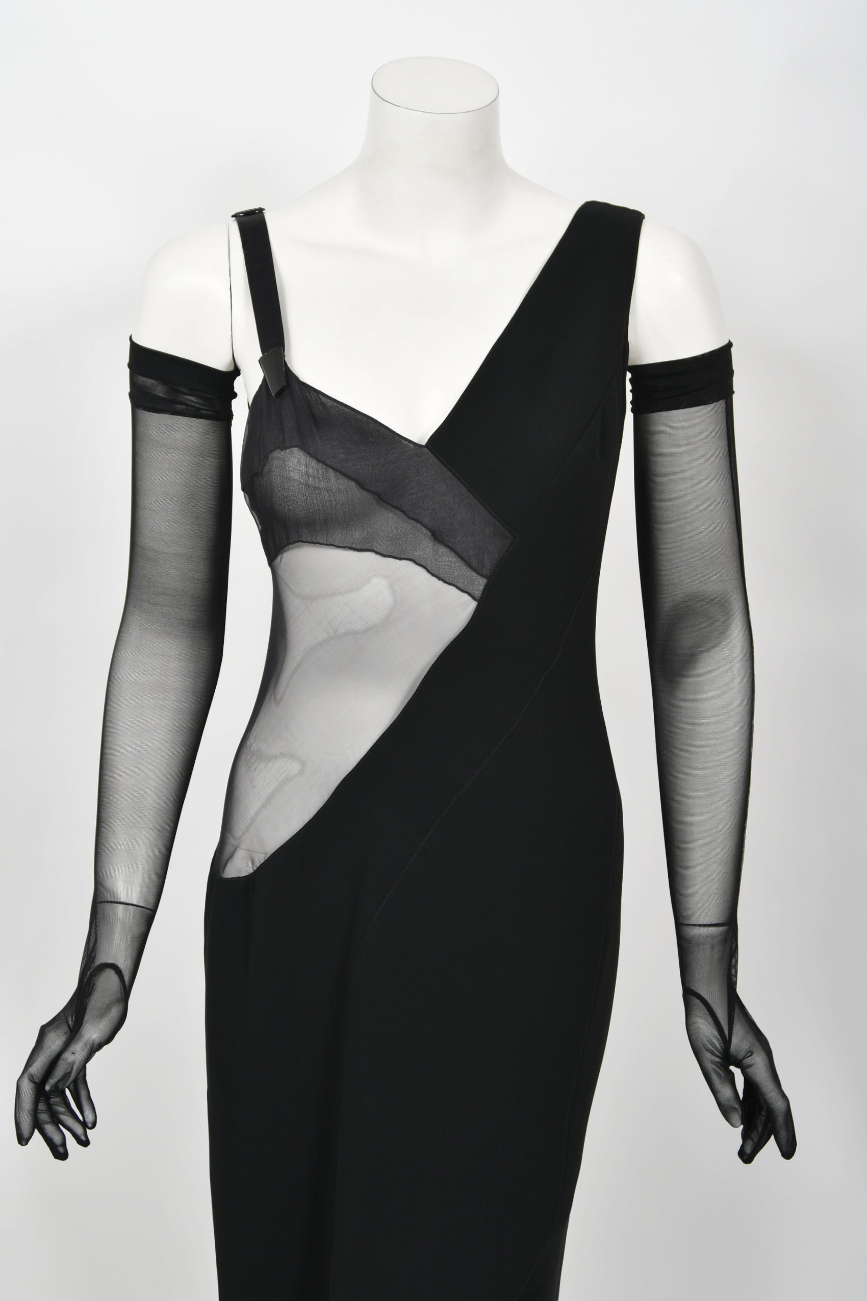 Vintage 1998 Thierry Mugler Documented Runway Sheer Black Silk Asymmetric High-Slit Gown - Timeless Vixen Vintage 1998 Thierry Mugler Documented Runway Sheer Black Silk Asymmetric High-Slit Gown - Timeless Vixen