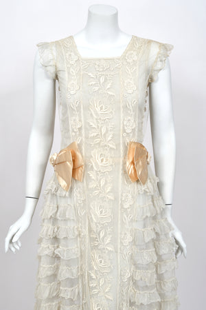 1920's Sheer Ivory Embroidered Floral Motif Net-Tulle Tiered Ruffle 'Robe de Style' Dress