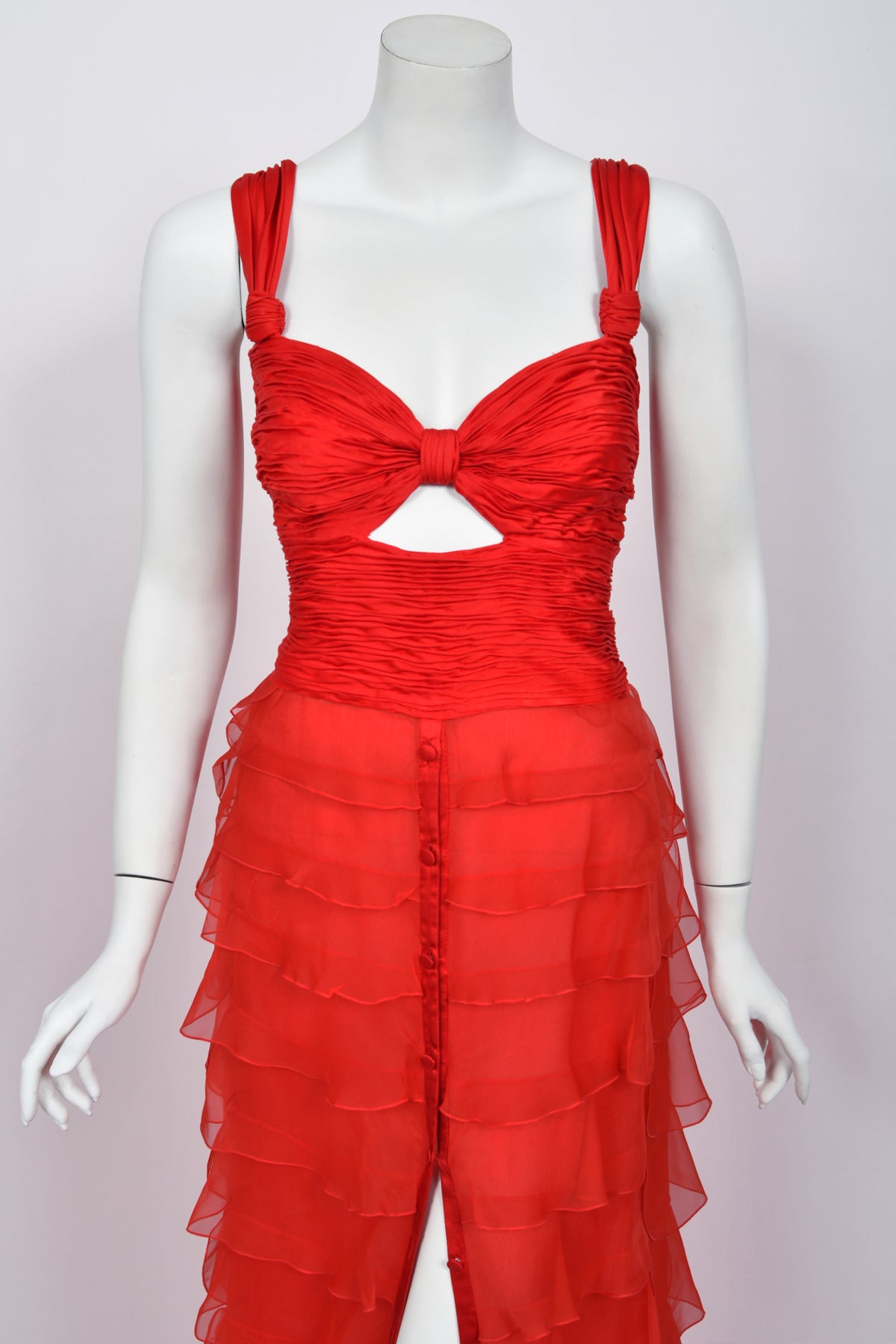 2005 Valentino Runway Iconic Red Ruched Silk Cut-Out Tiered Ruffle Gown