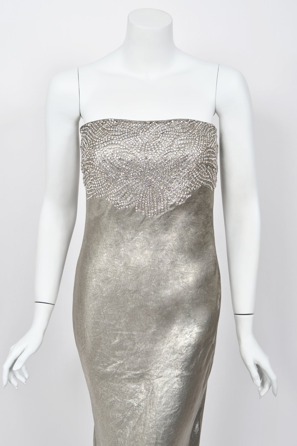 2007 Ralph Lauren Beaded Rhinestone Metallic Silver Lamé Strapless Bias-Cut Gown