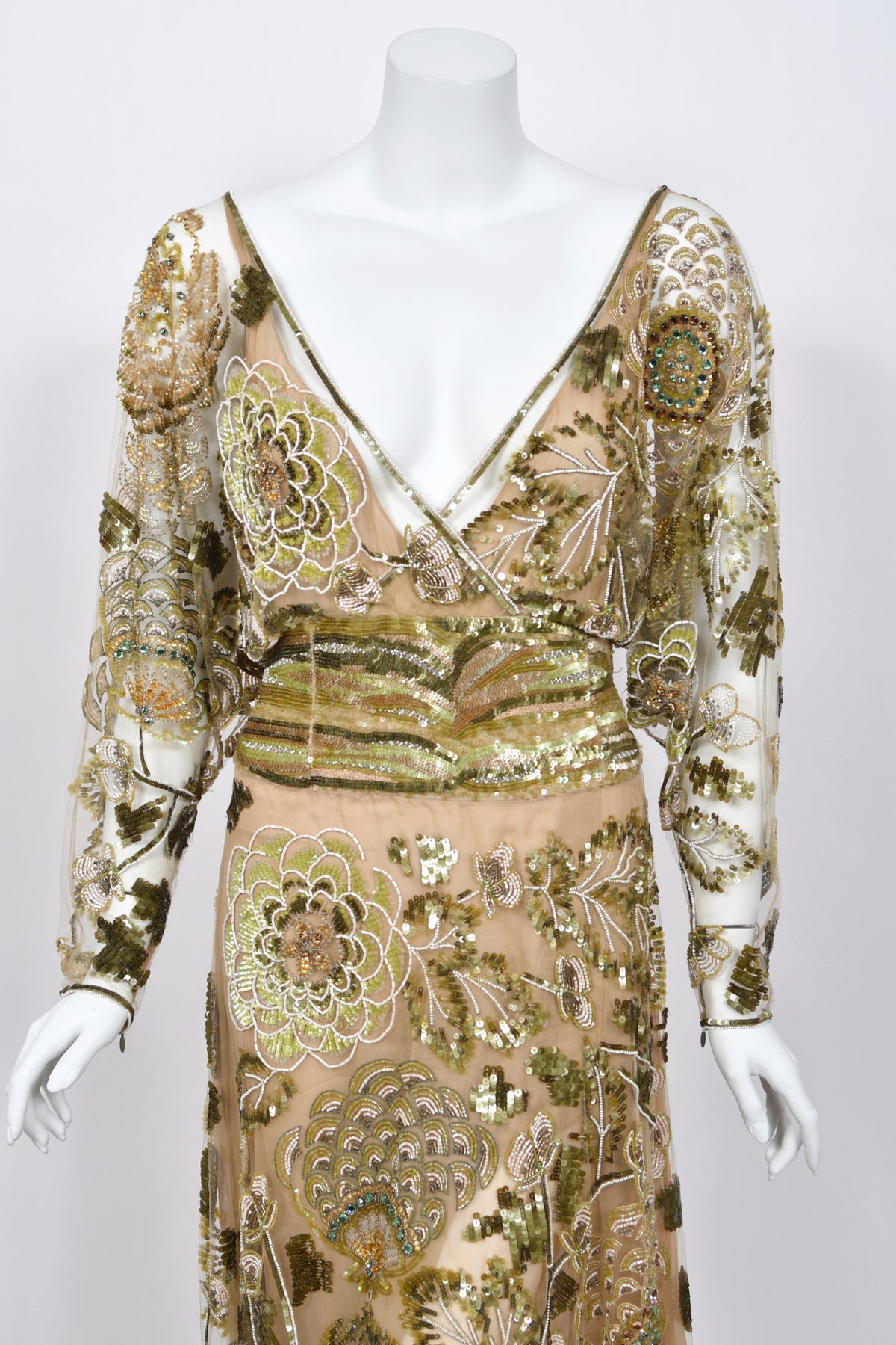 2003 Valentino Runway Heavily Embellished Jeweled Low Cut Nude-Illusion Sheer Net Dress