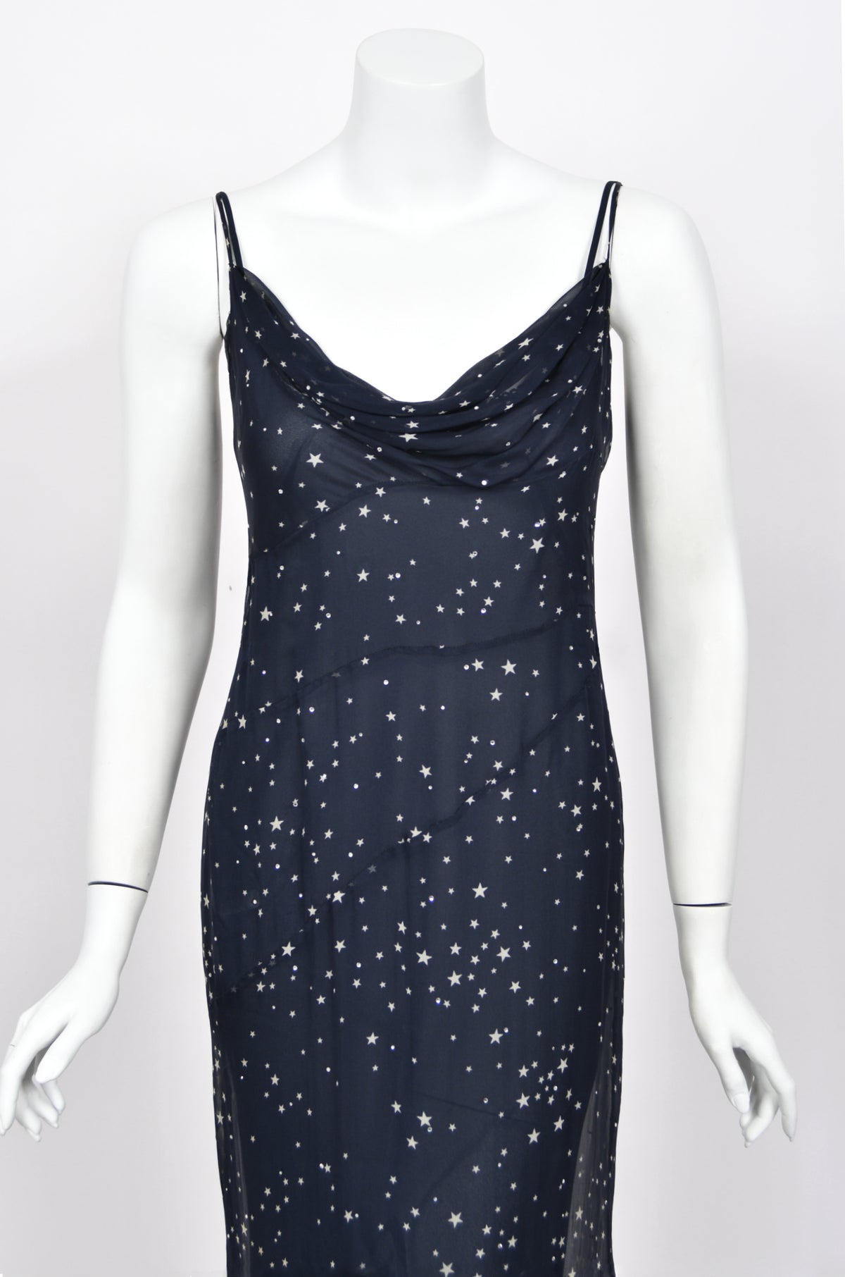 1998 Moschino Runway Navy Blue Sheer Silk Chiffon Star Motif Rhinestone Maxi Slip Dress