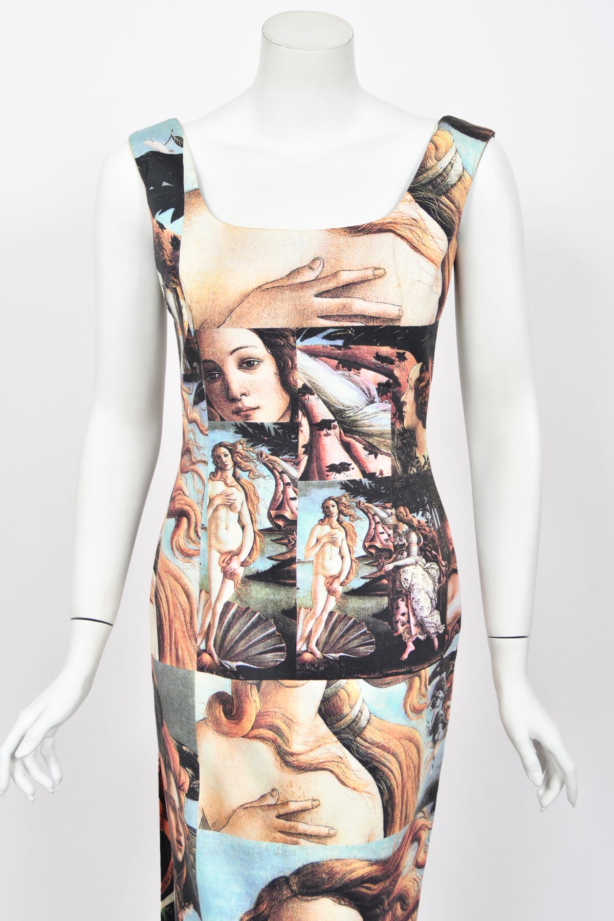 1993 Dolce &amp; Gabbana Iconic Runway &#39;Birth of Venus&#39; Collage Print High-Slit Hourglass Dress