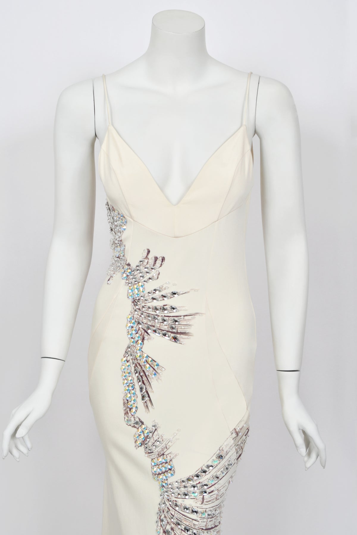 2002 Roberto Cavalli Runway Ivory Jeweled Stretch Silk Trained &#39;Cindy Crawford&#39; Gown