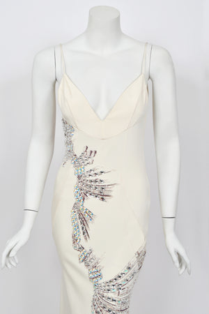 2002 Roberto Cavalli Runway Ivory Jeweled Stretch Silk Trained 'Cindy Crawford' Gown