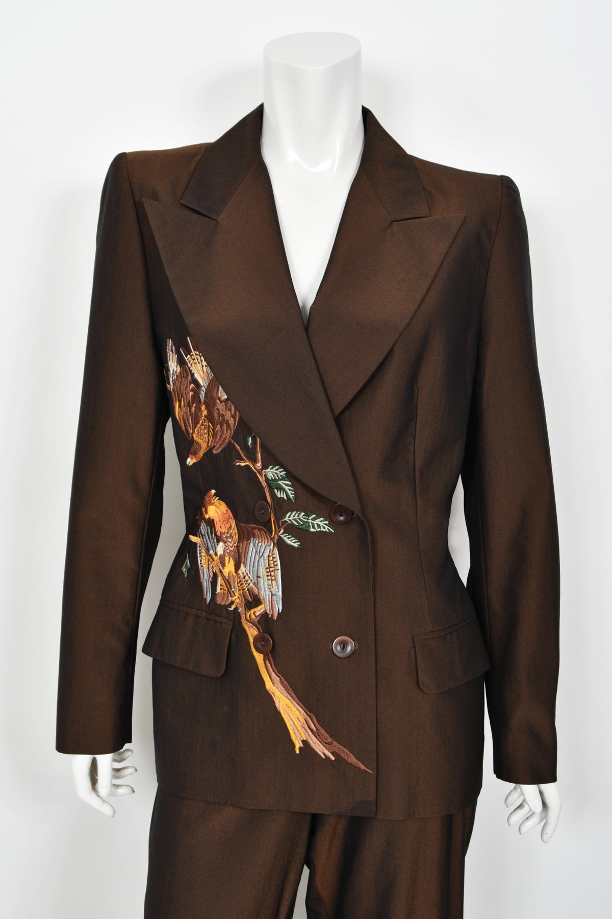 1998 Alexander McQueen for Givenchy Brown Wool Embroidered Birds Blazer Pantsuit
