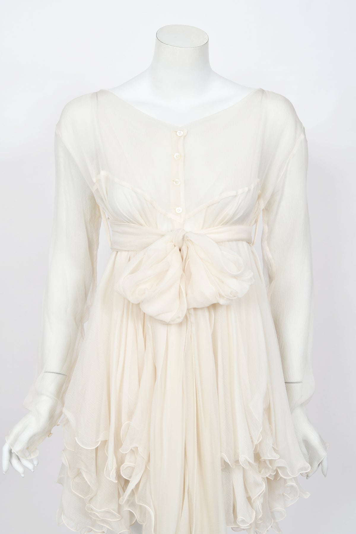 1991 Dolce &amp; Gabbana Runway Ivory Silk Belted Sash Tiered Babydoll Mini Dress