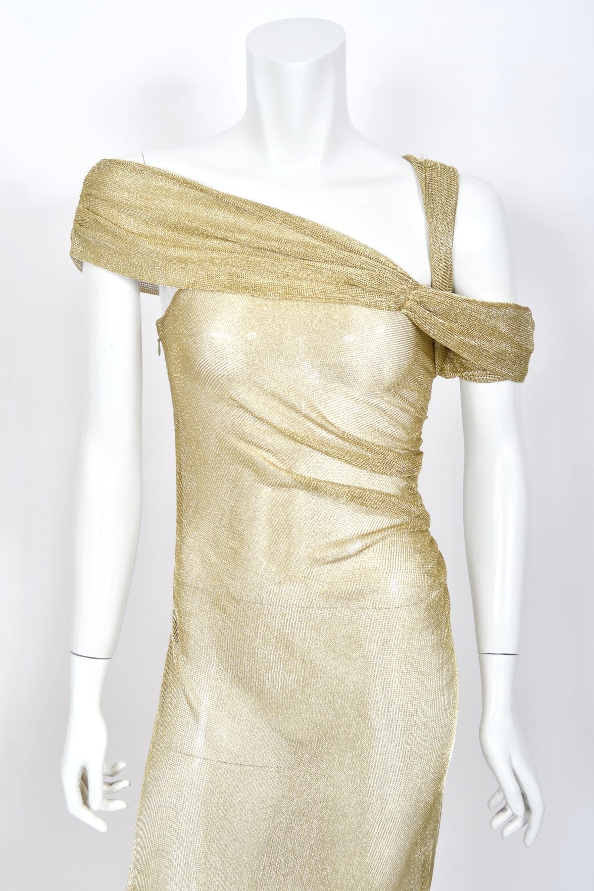 1999 Christian Dior by John Galliano Metallic Gold Sheer Mesh Asymmetric Maxi Gown