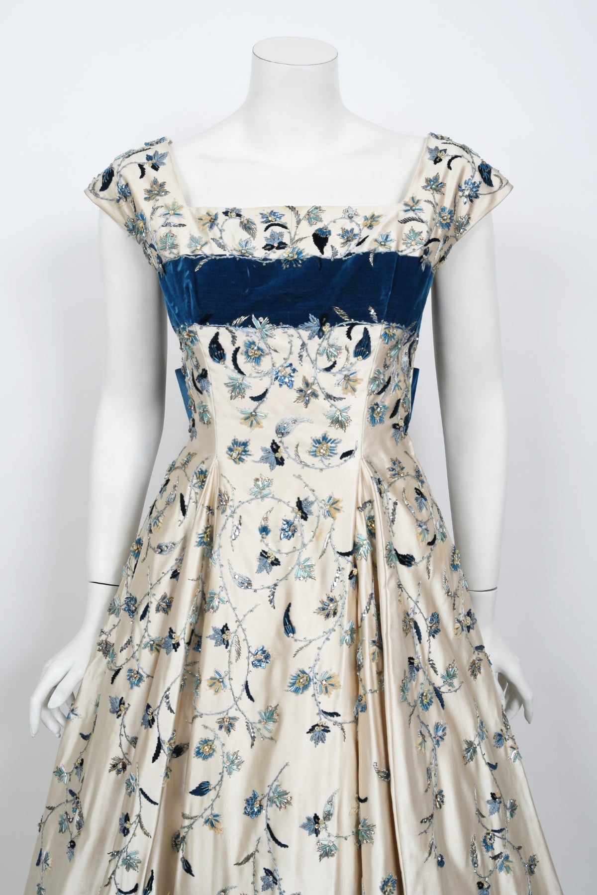 1956 Jacques Griffe Haute Couture Documented Embroidered Beaded Ivory Satin Gown