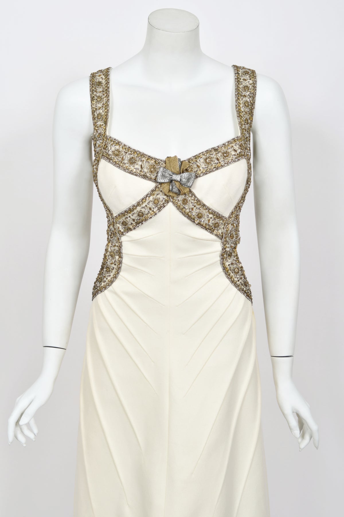 2003 Alexander McQueen Metallic Beaded Embroidered Ivory Wool Open-Back Dress