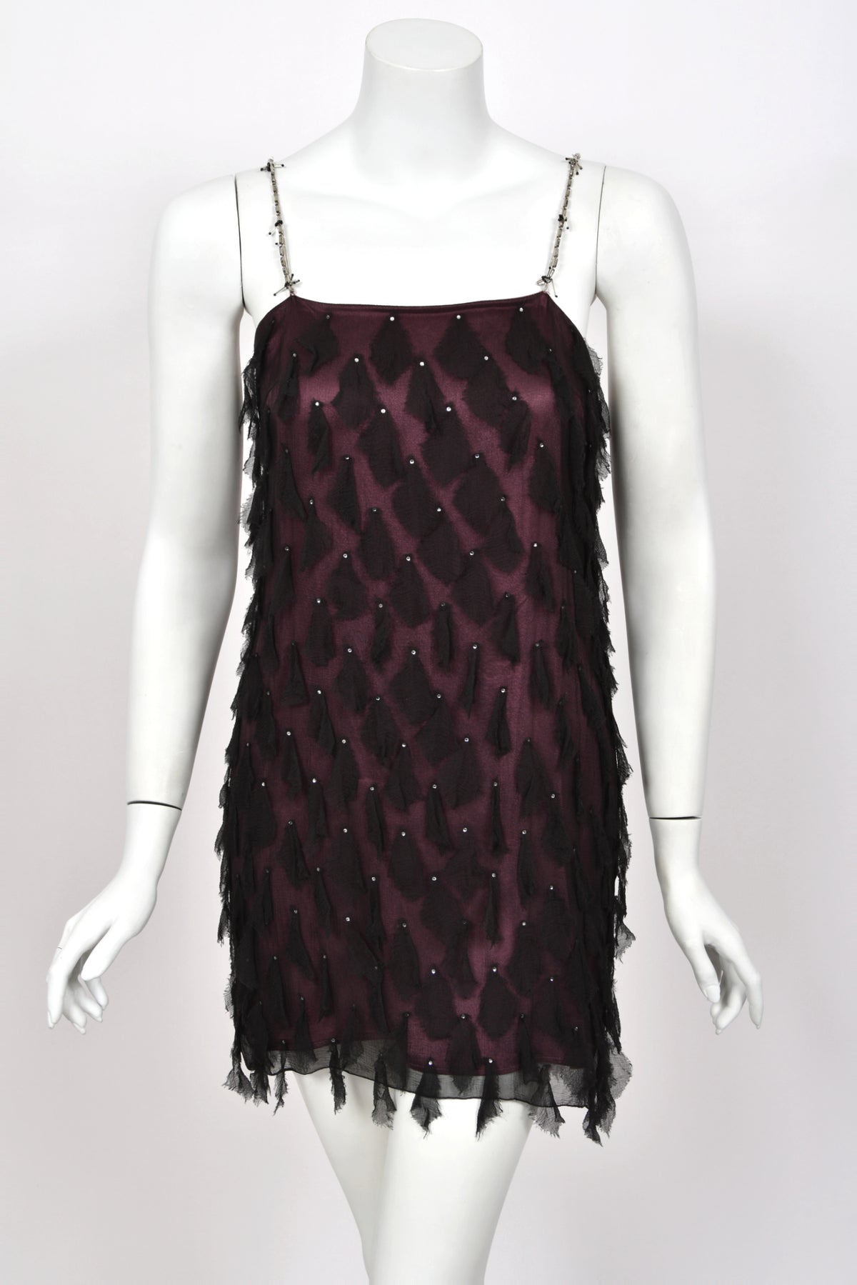 1998 Versace Runway Purple & Black 'Petal' Silk Chiffon Crystal-Straps Mini Dress